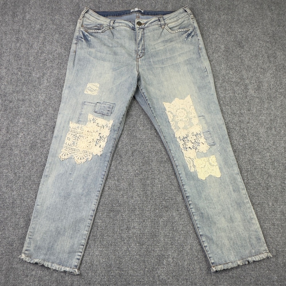 John Mark Jeans 14‎ Light Wash Lace Distressed Frayed Hem Boho Festival Cottage